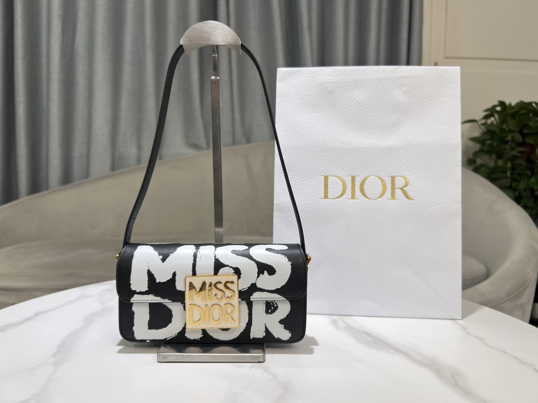 Miss Dior Flap Bag Black and White Miss Dior Graffiti Printed Calfskin